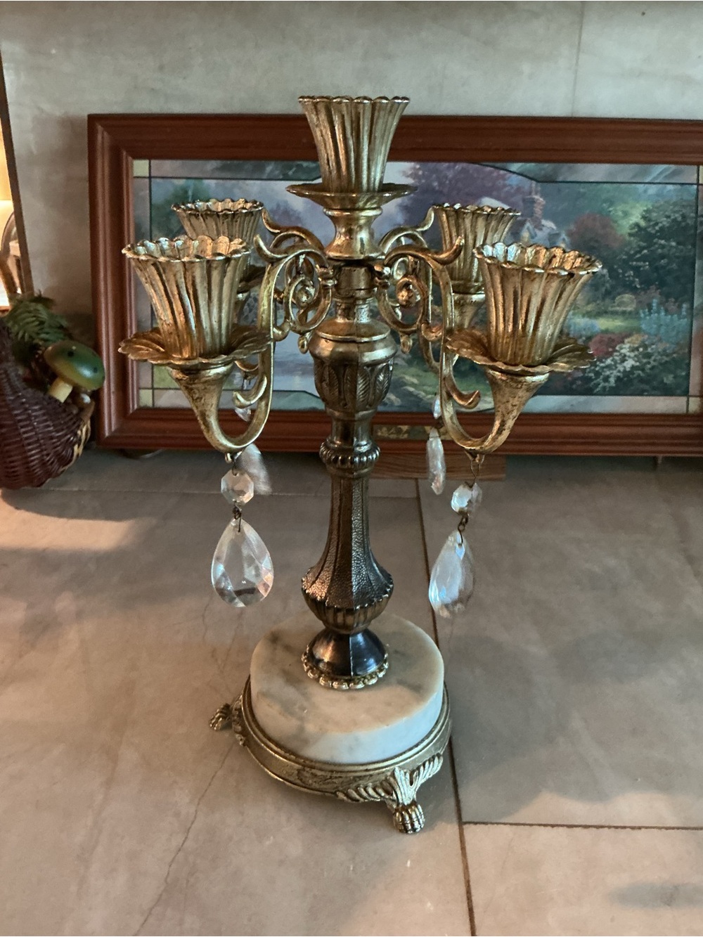 Vintage candelabra with Crystal Accents / Italian marble base -